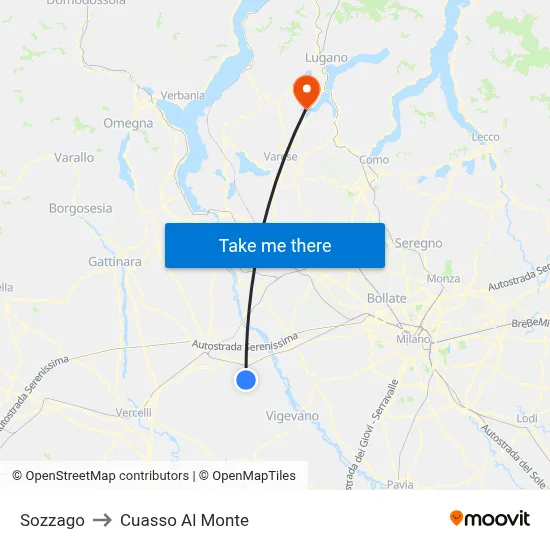 Sozzago to Cuasso Al Monte map