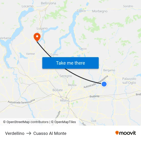 Verdellino to Cuasso Al Monte map