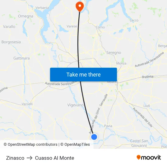 Zinasco to Cuasso Al Monte map