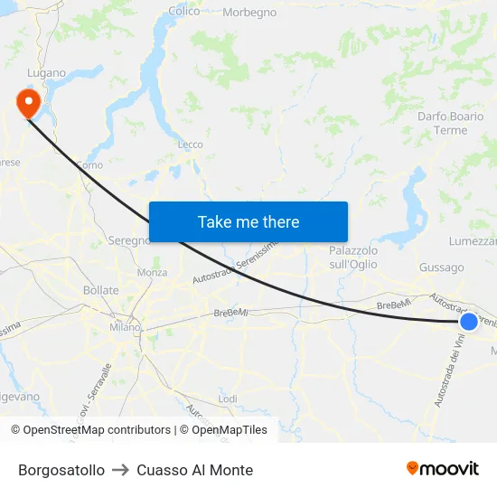 Borgosatollo to Cuasso Al Monte map