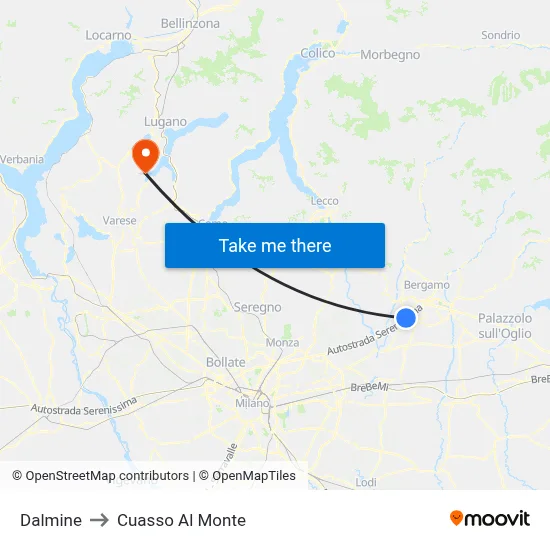Dalmine to Cuasso Al Monte map