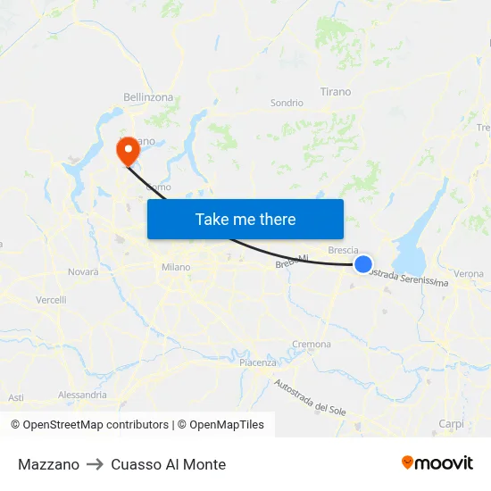 Mazzano to Cuasso Al Monte map