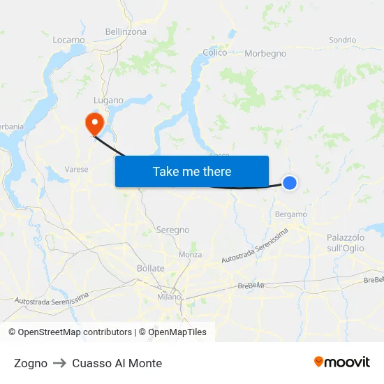 Zogno to Cuasso Al Monte map