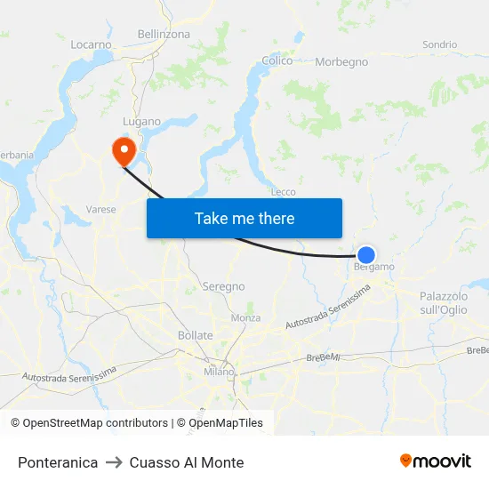 Ponteranica to Cuasso Al Monte map
