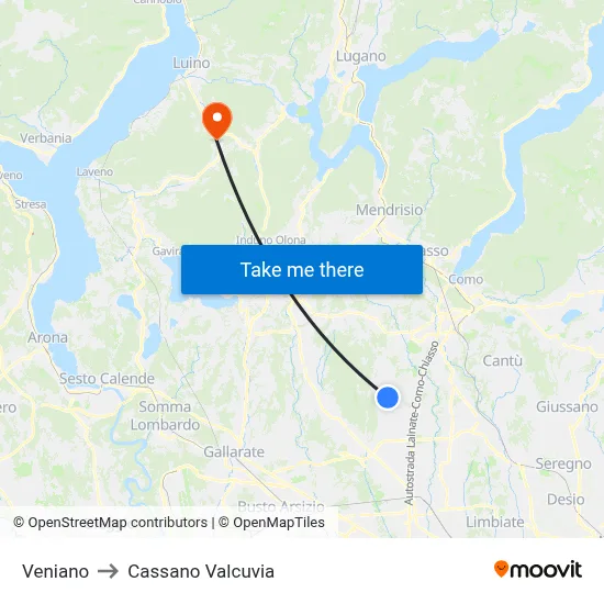 Veniano to Cassano Valcuvia map