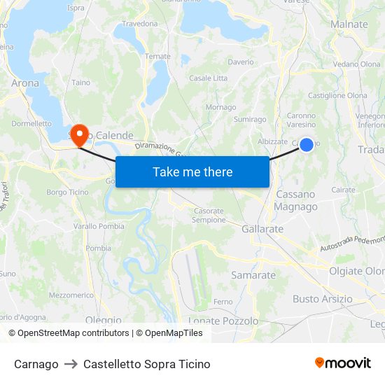 Carnago to Castelletto Sopra Ticino map
