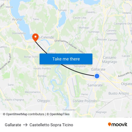 Gallarate to Castelletto Sopra Ticino map