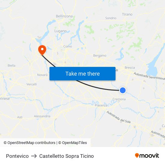 Pontevico to Castelletto Sopra Ticino map