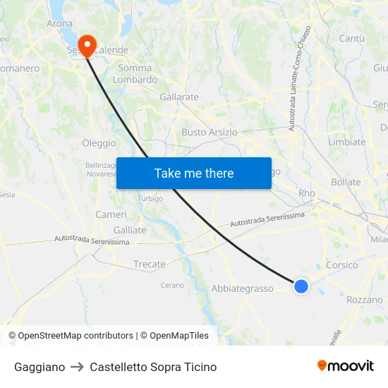 Gaggiano to Castelletto Sopra Ticino map