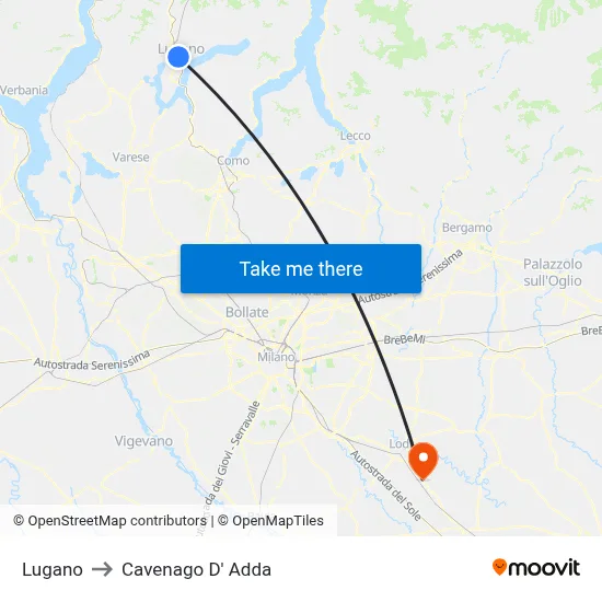Lugano to Cavenago D' Adda map