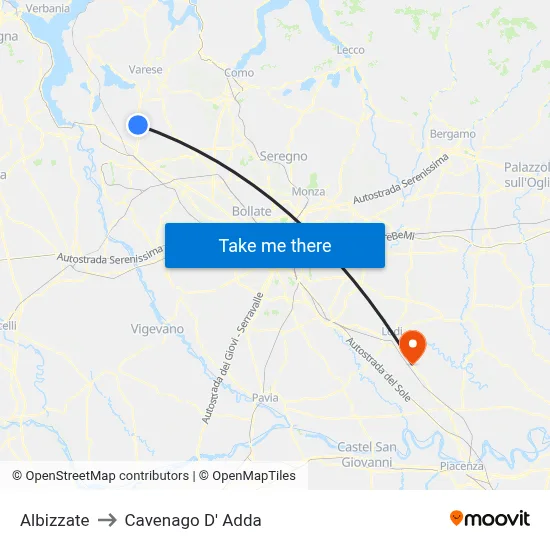 Albizzate to Cavenago D' Adda map