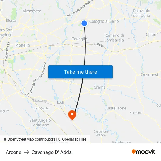 Arcene to Cavenago D' Adda map