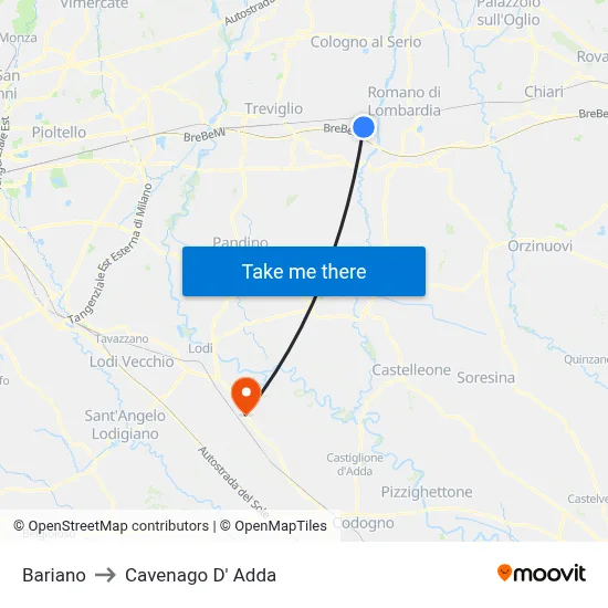 Bariano to Cavenago D' Adda map