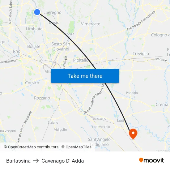 Barlassina to Cavenago D' Adda map