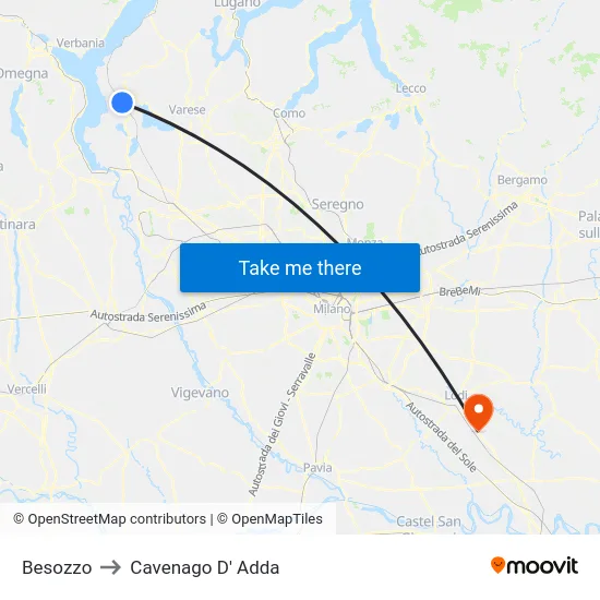 Besozzo to Cavenago D' Adda map