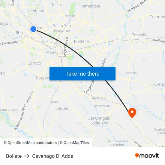 Bollate to Cavenago D' Adda map