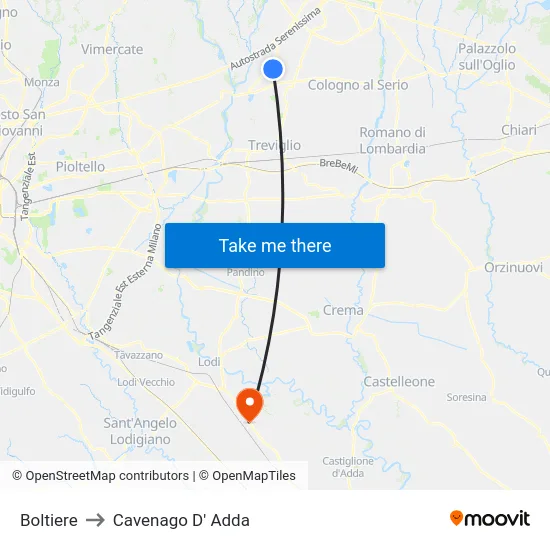 Boltiere to Cavenago D' Adda map