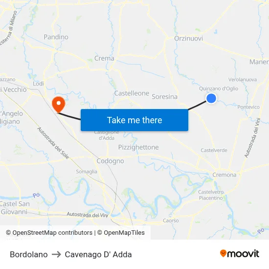 Bordolano to Cavenago D' Adda map
