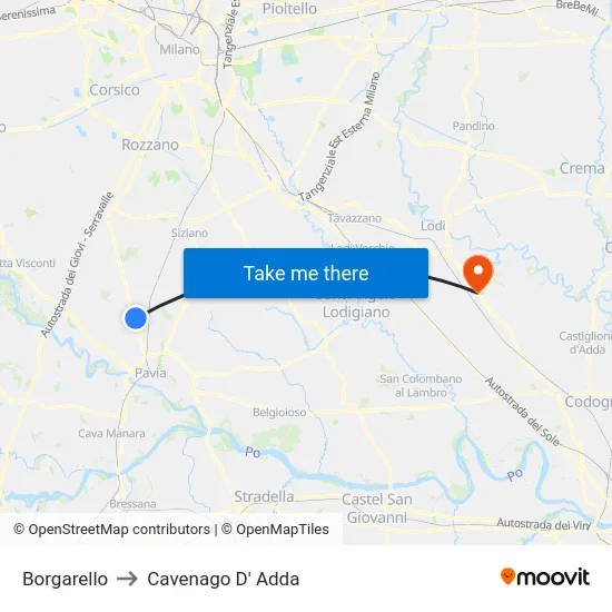 Borgarello to Cavenago D' Adda map