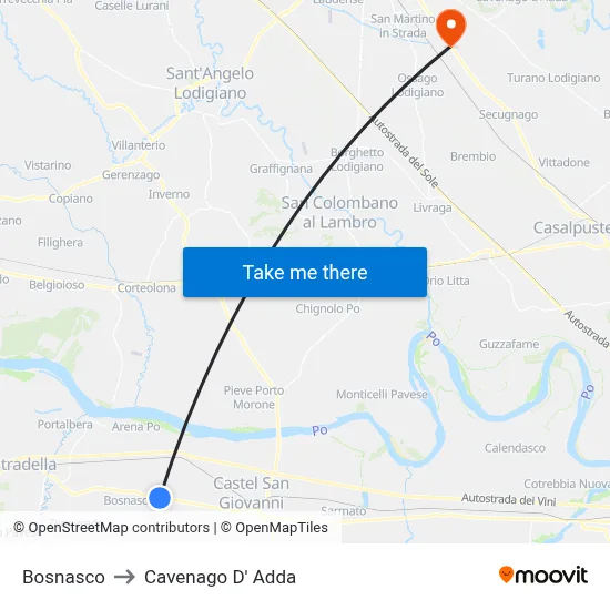 Bosnasco to Cavenago D' Adda map