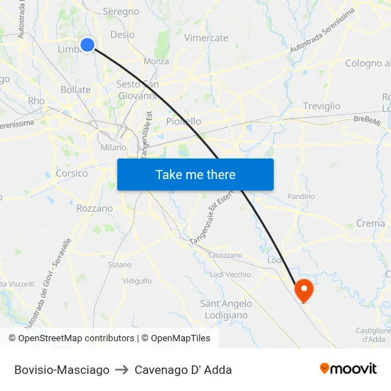 Bovisio-Masciago to Cavenago D' Adda map