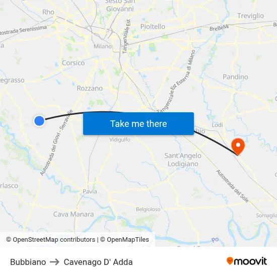 Bubbiano to Cavenago D' Adda map
