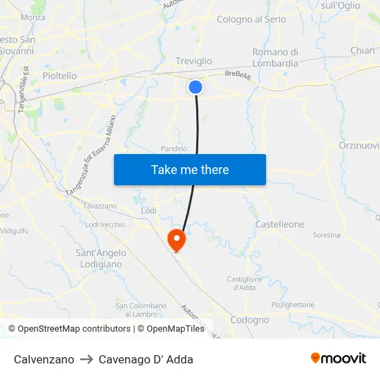 Calvenzano to Cavenago D' Adda map