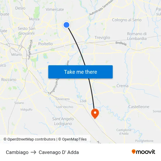 Cambiago to Cavenago D' Adda map