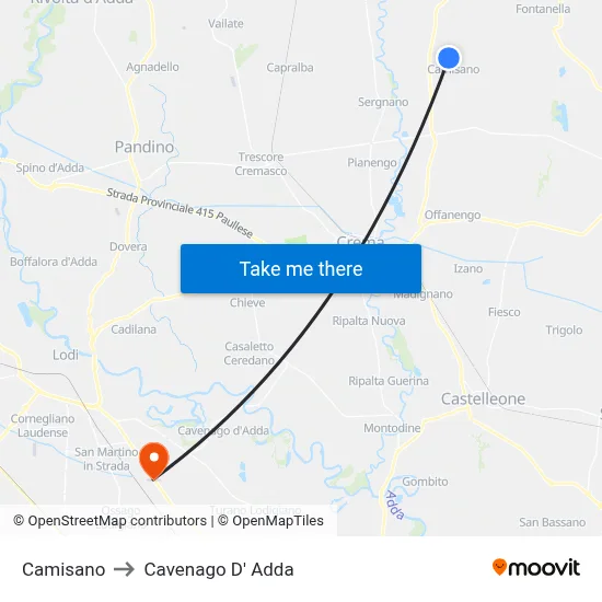Camisano to Cavenago D' Adda map