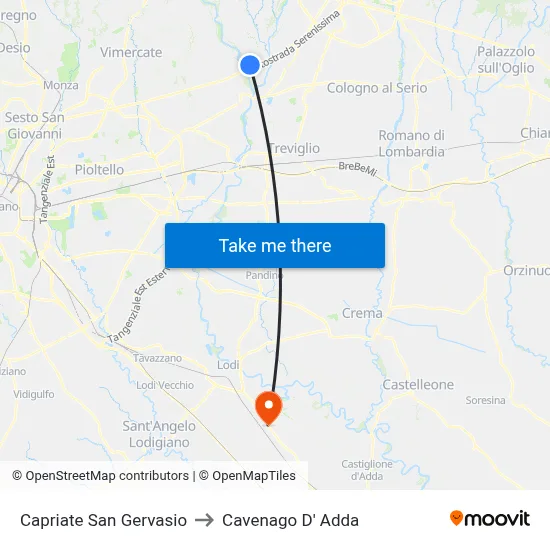 Capriate San Gervasio to Cavenago D' Adda map