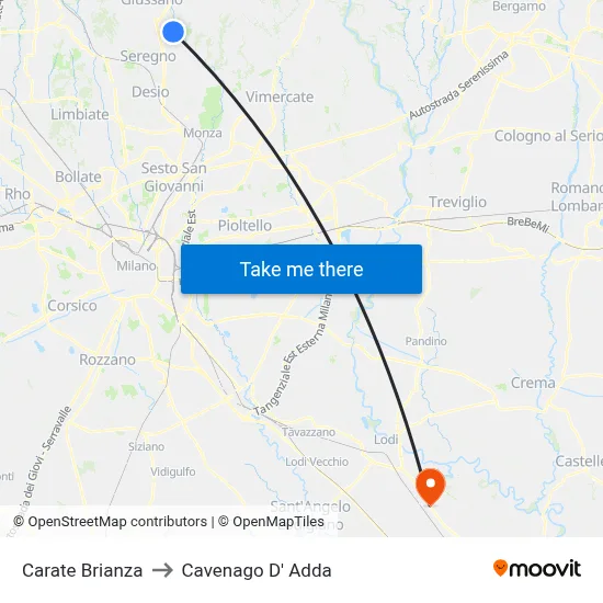 Carate Brianza to Cavenago D' Adda map