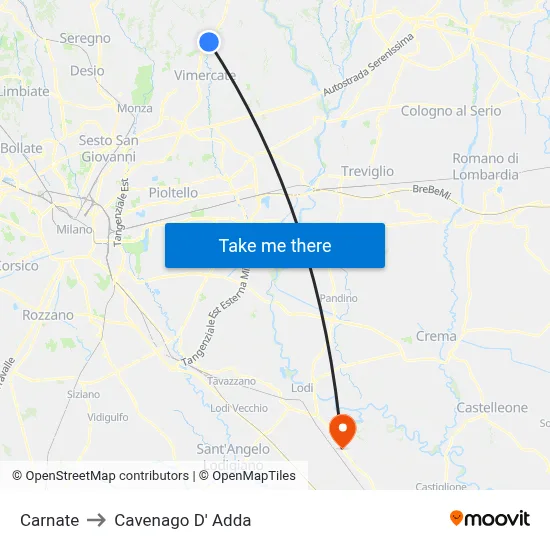 Carnate to Cavenago D' Adda map