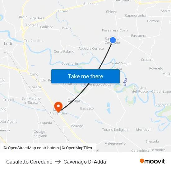 Casaletto Ceredano to Cavenago D' Adda map