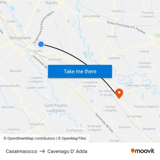 Casalmaiocco to Cavenago D' Adda map