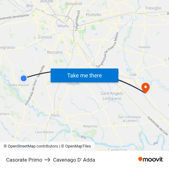 Casorate Primo to Cavenago D' Adda map