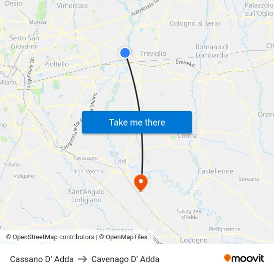 Cassano D' Adda to Cavenago D' Adda map