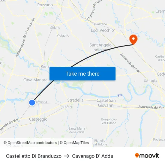 Castelletto di Branduzzo to Cavenago D' Adda map