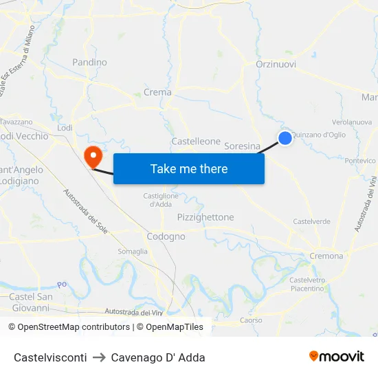 Castelvisconti to Cavenago D' Adda map