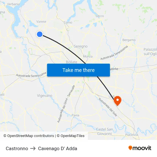Castronno to Cavenago D' Adda map
