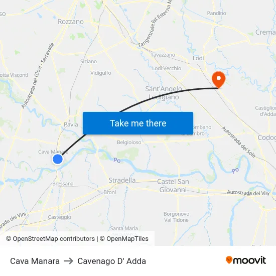 Cava Manara to Cavenago D' Adda map