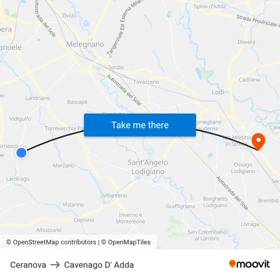 Ceranova to Cavenago D' Adda map