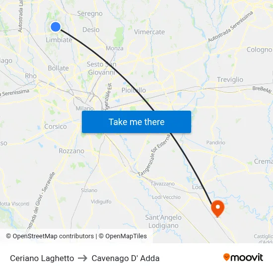 Ceriano Laghetto to Cavenago D' Adda map