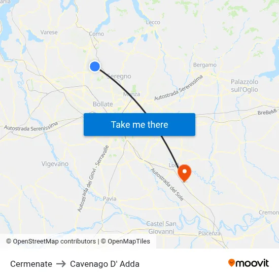 Cermenate to Cavenago D' Adda map