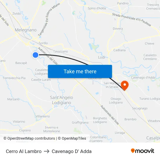 Cerro Al Lambro to Cavenago D' Adda map