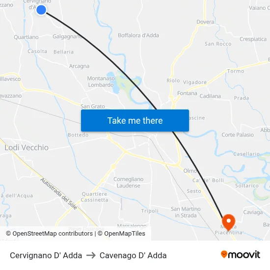 Cervignano d'Adda to Cavenago D' Adda map