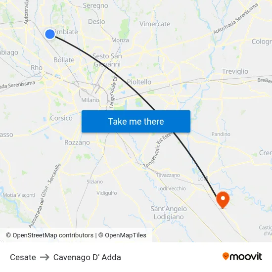 Cesate to Cavenago D' Adda map