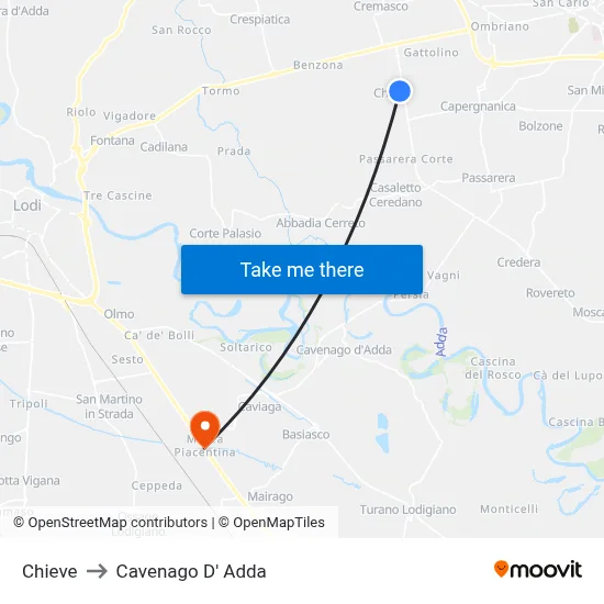 Chieve to Cavenago D' Adda map