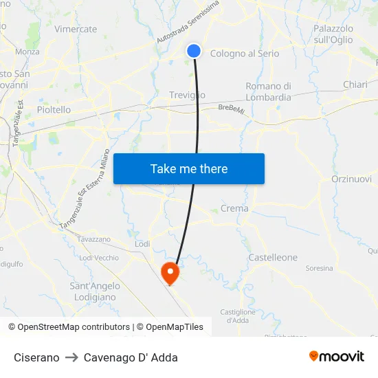 Ciserano to Cavenago D' Adda map