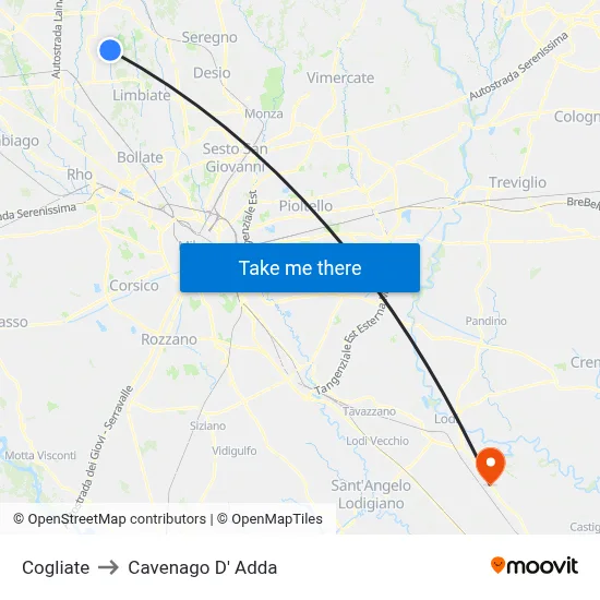 Cogliate to Cavenago D' Adda map