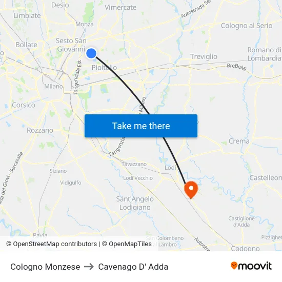 Cologno Monzese to Cavenago D' Adda map